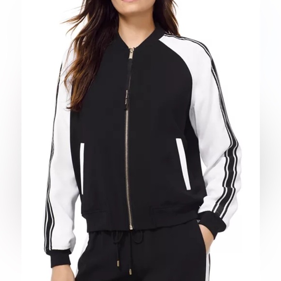 MICHAEL Michael Kors Jackets & Blazers - Michael Kors Black White Striped Full Zip Track Bomber Sporty Jacket Medium